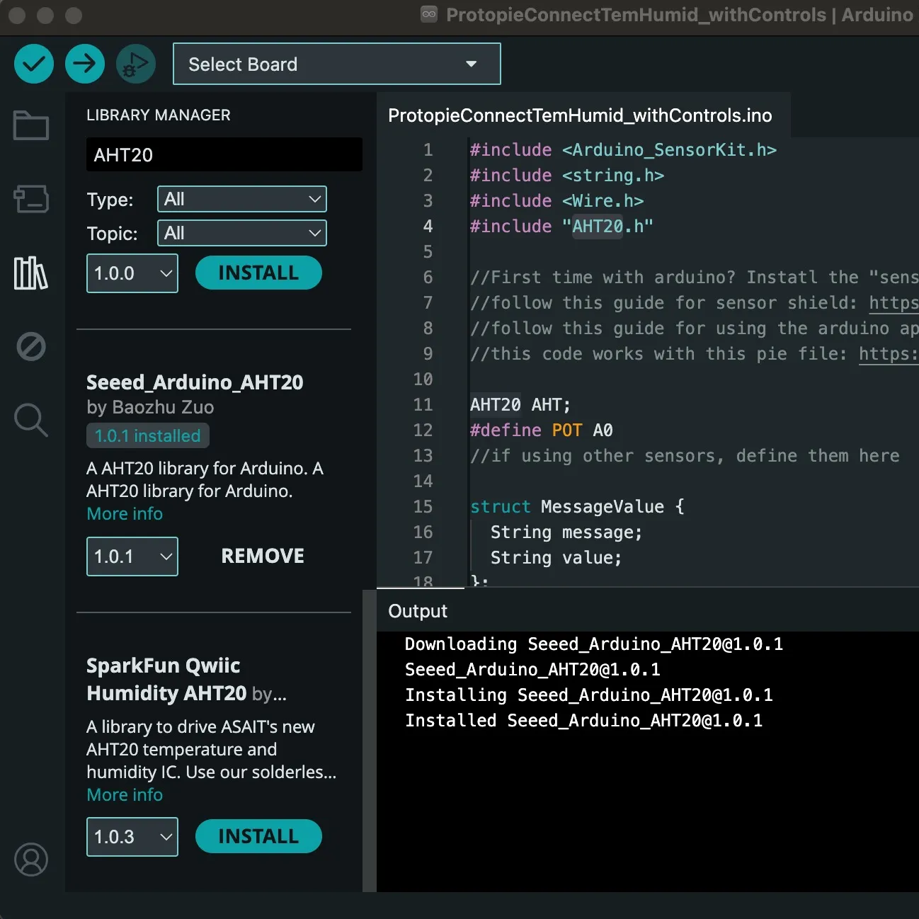 Here the ProtopieConnectTemHumid_withControls file is downloaded. It has the code for the temperature and humidity sensor. I am also downloading the Seeed_Arduino_AHT20 library by Baozhu Zuo.