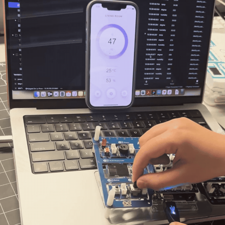 This last photo shows the activity completed. The iphone is connected to ProtoPie connect and is displaying the Arduino’s temperature and humidity data. The turn dial on the Arduino also changes the degree values.