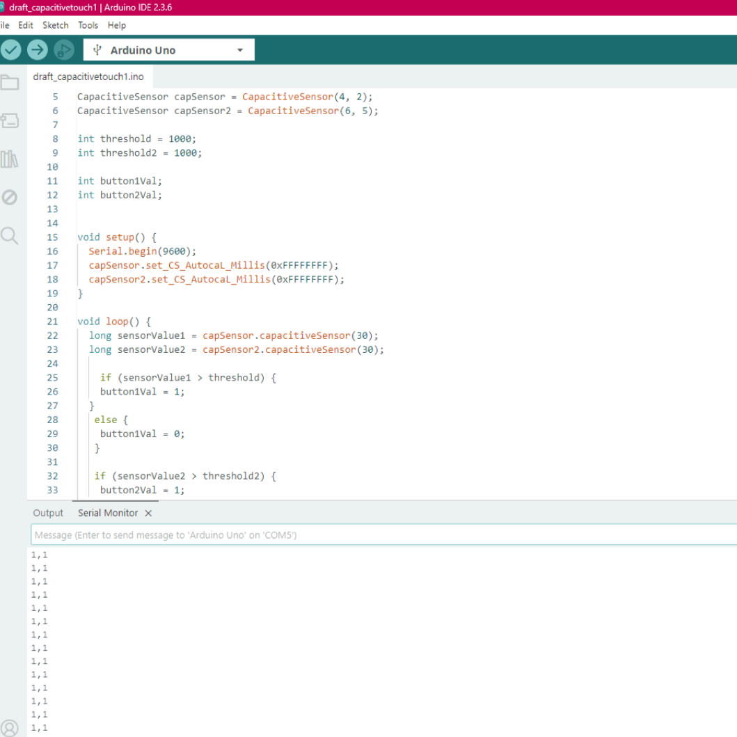 We took the code used in class for the ProtoPie - Touch Designer activity and threw it to AI to adapt it to work for capacitive touch sensors.