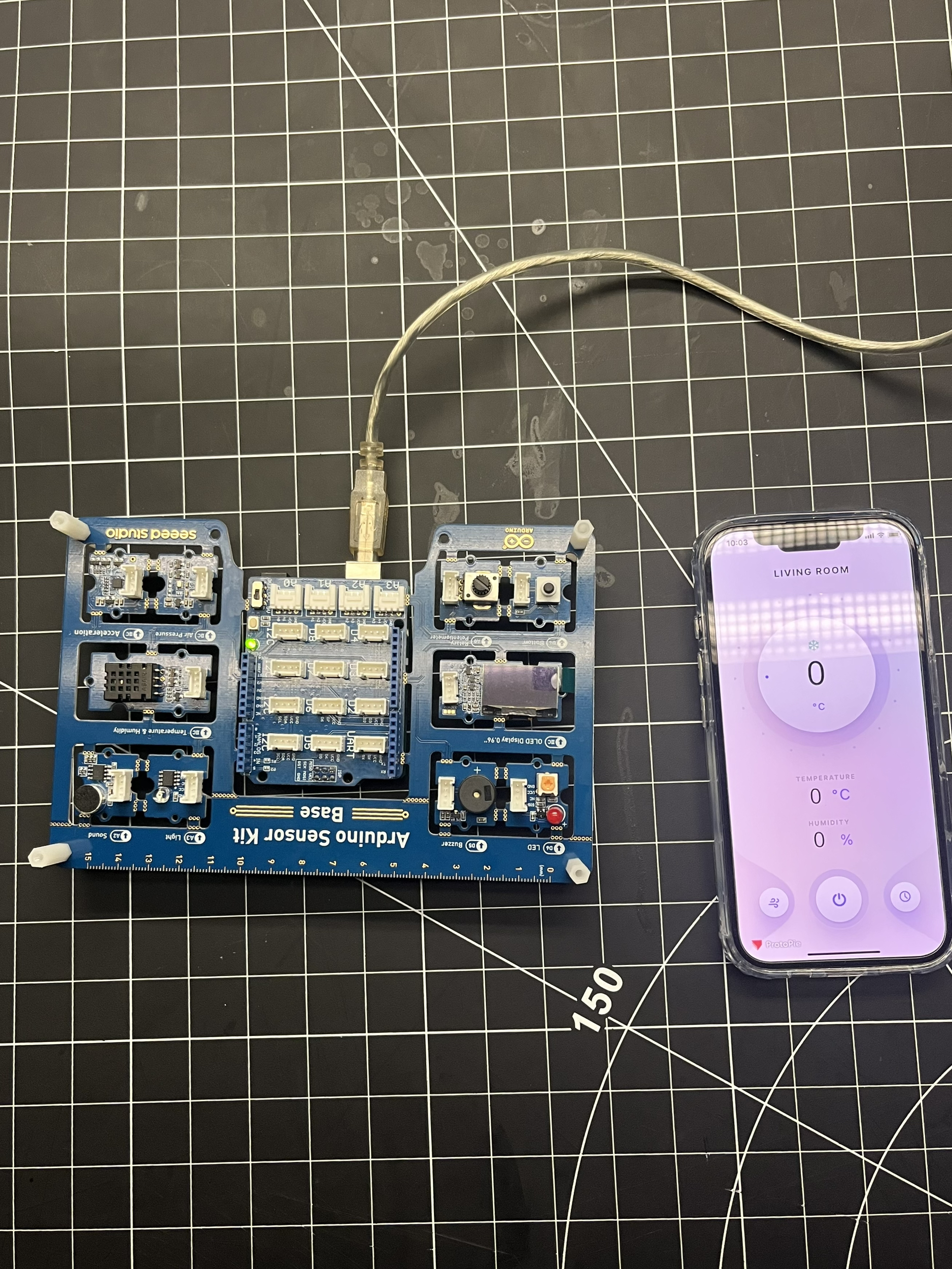 We added the Arduino to the bottom of the board so that we could test out if we could calculate the humidity and degrees using an app by Protopime, and here we are just testing if the Arduino can connect properly to the computer and Protopime.